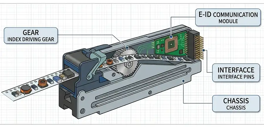 ASM SIPLACE 24mm feeder intelligent wide tape component delivery system showing drive gears and E-ID communication block