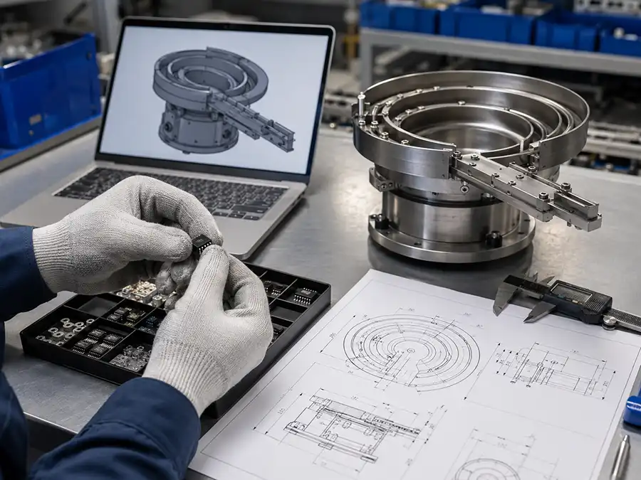 Vibratory bowl feeder customization from part drawings and samples