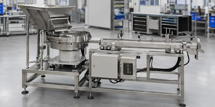 Completed custom vibratory bowl feeder with controller and linear track