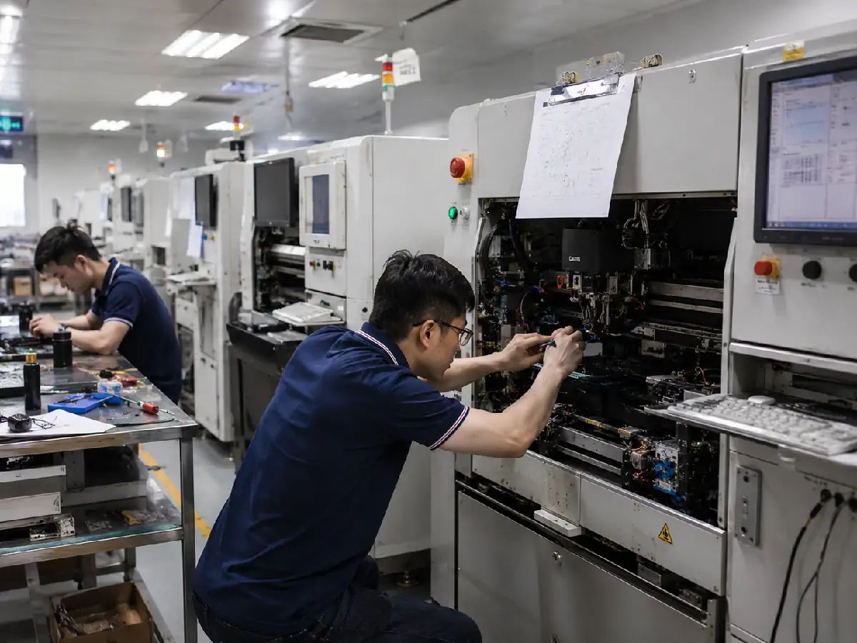 Technicians supporting semiconductor production equipment repair