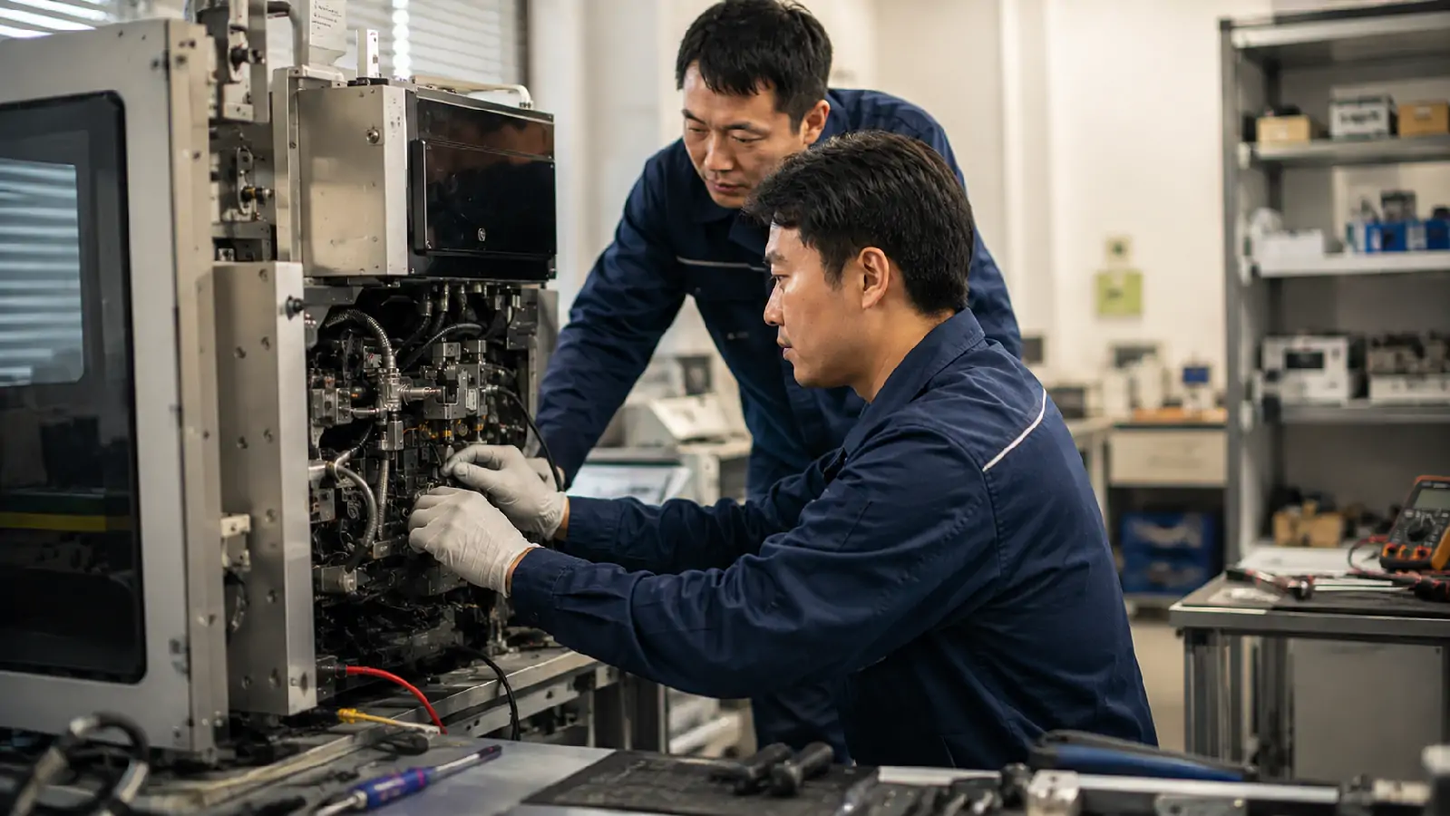 Technicians working on semiconductor equipment and electronic assemblies