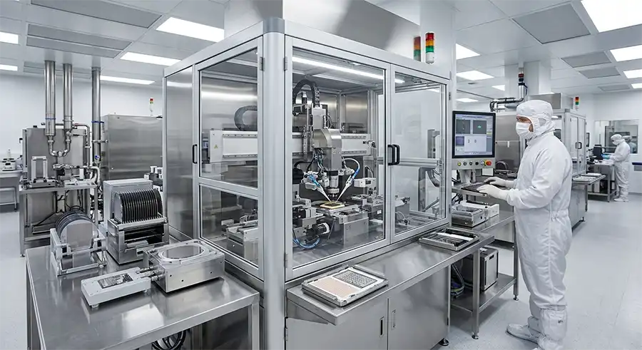Semiconductor engineer reviewing a BESI flip chip bonder configuration in an advanced packaging cleanroom Semiconductor engineer reviewing a BESI flip chip bonder configuration in an advanced packaging cleanroom