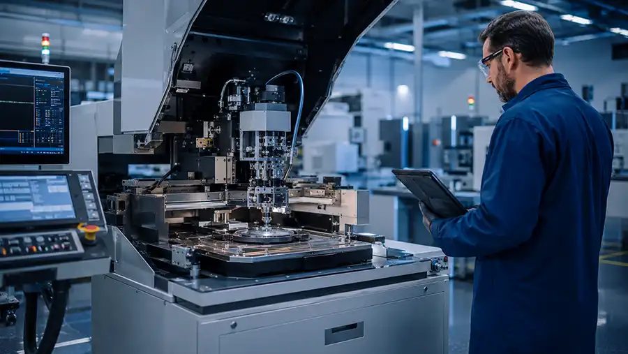 Engineer inspecting a used ASM AD838 die bonder in a semiconductor equipment service environment Engineer inspecting a used ASM AD838 die bonder in a semiconductor equipment service environment