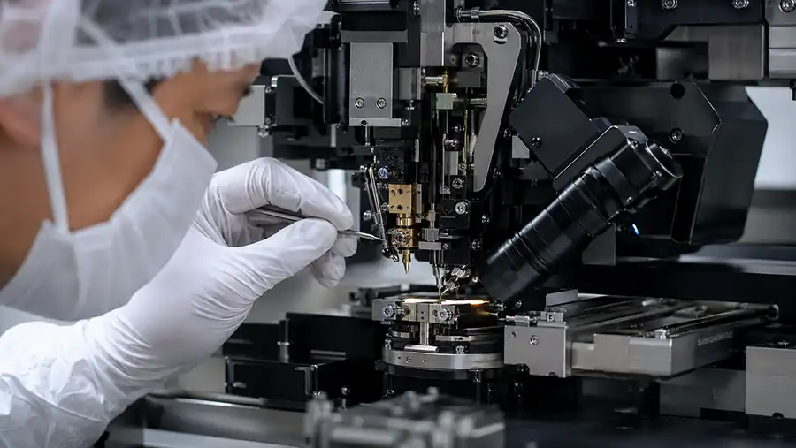 Close-up inspection of bond head, capillary tooling and vision modules on a used ASM AERO wire bonder Close-up inspection of bond head, capillary tooling and vision modules on a used ASM AERO wire bonder