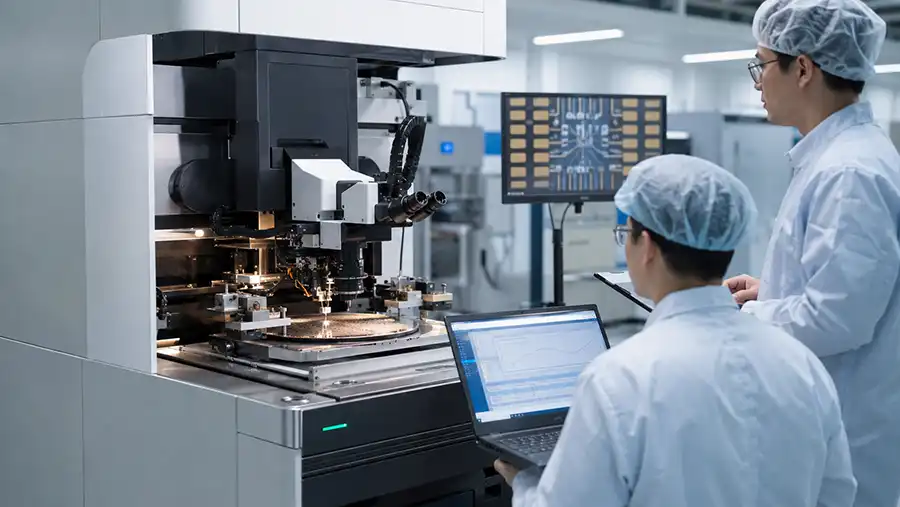 Engineer validating wire bonding process and factory acceptance test results on a K&S IConn PLUS wire bonder Engineer validating wire bonding process and factory acceptance test results on a K&S IConn PLUS wire bonder