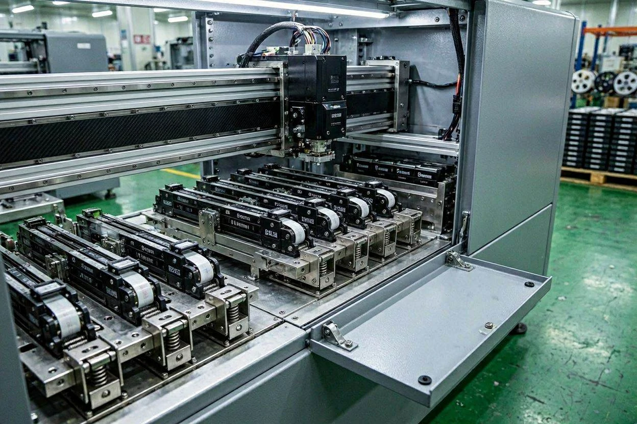 ASM Siemens SIPLACE tape feeders loaded in SMT pick and place machine ASM Siemens SIPLACE tape feeders loaded in SMT pick and place machine